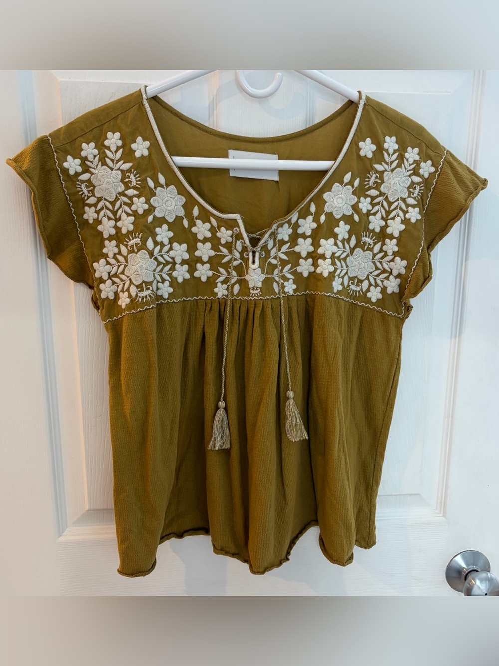 Women's Embroidered Tassel Short Sleeve Lucky Brand Top, Women’s Size Medium